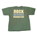 Green t-shirt with 'Rock Revenge Redemption' text on a white background