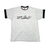 Gray t-shirt with black ringer sleeves and graphic design on a white background