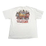 White t-shirt with a graphic design of a motorcycle and text on the back, displayed against a white background.