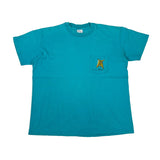 Teal t-shirt with a small logo on a white background