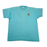 Blue t-shirt with a small logo on a white background