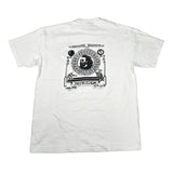 White t-shirt with black graphic design on a light gray background