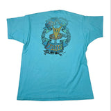 Blue t-shirt with a graphic design on the back against a white background