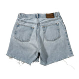 Light wash blue denim shorts with a raw frayed hem, shown from the back on a white background.