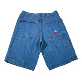 Blue denim shorts shown from the back, featuring two large patch pockets and a small embroidered crown logo on the right pocket, laid flat on a white background.