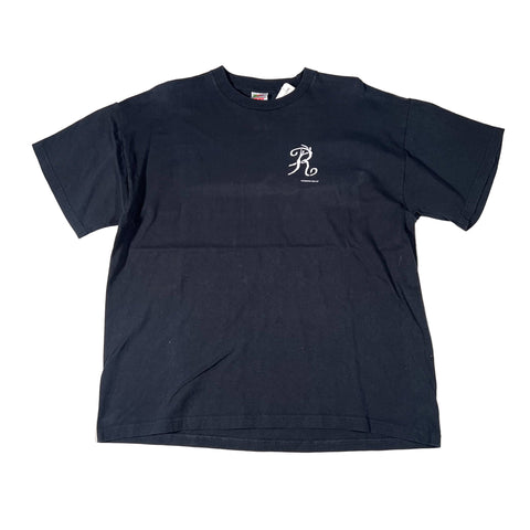 Navy blue t-shirt with a logo on a white background