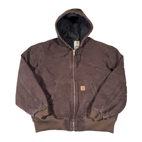 Brown hooded jacket with Carhartt logo on a white background