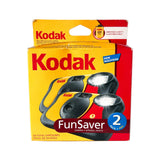 Kodak FunSaver 2-pack film canisters in their original yellow and red packaging box, showing two black and yellow instant cameras with flashlights.