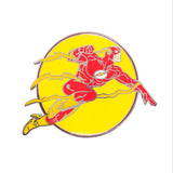 A circular enamel pin featuring the Flash running in front of a bright yellow sun, with red, yellow, and gold details on a white textured background.