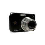 Black digital camera with silver lens on a white background