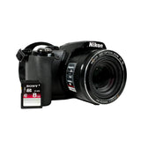 Nikon camera with a memory card on a white background