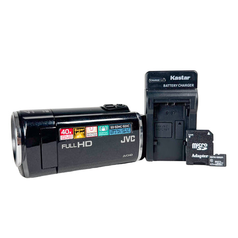 JVC Full HD video camera with battery charger, adapter, and microSD card on a white background