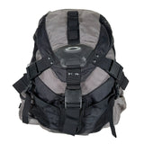 Black and gray backpack with visible branding on a white background