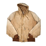 Beige and brown jacket with a hood on a white background