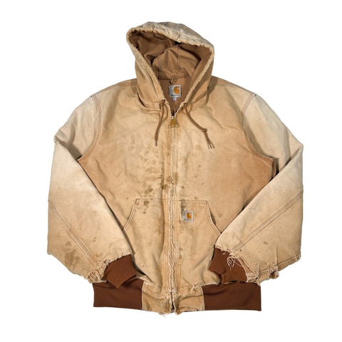 Beige and brown jacket with a hood on a white background
