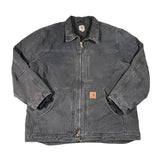 Dark gray jacket with a brand logo on a white background