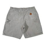 Gray shorts with a brand logo on a white background