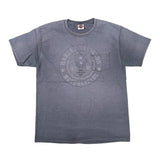 A faded dark gray short-sleeve t-shirt with a distressed circular Harley-Davidson Motor Cycles graphic on the front, laid flat against a white background.