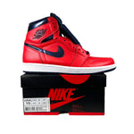 Red high-top sneakers with black swoosh logo on a Nike box against a gray background