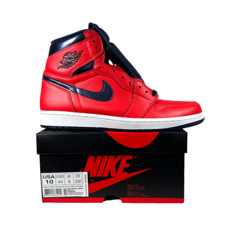 Red high-top sneakers with black swoosh logo on a Nike box against a gray background