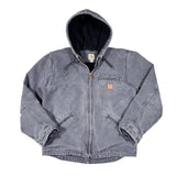 Gray hoodie with a brand logo on a white background