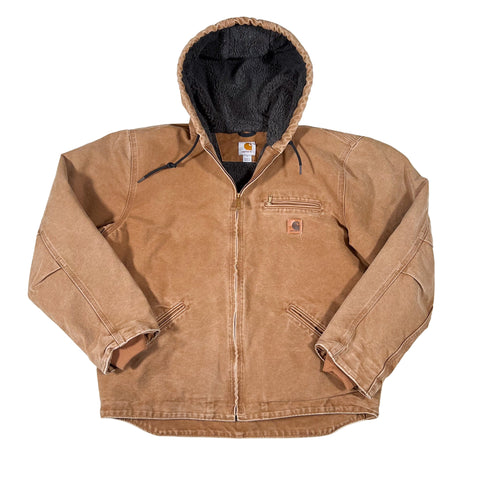 Brown jacket with black interior lining on a white background