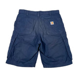 Blue cargo shorts with a visible brand logo on a white background