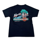 Black t-shirt with 'Myrtle Beach Harley-Davidson' graphic on a white background