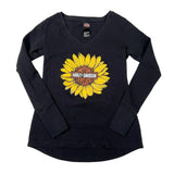 Black long-sleeve shirt with yellow sunflower design and Harley-Davidson logo on a white background