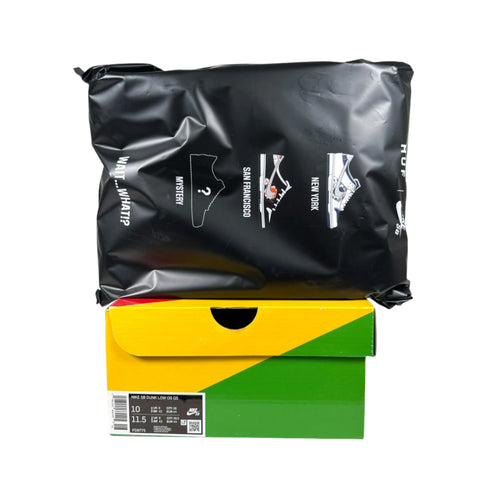 Black shoe bag with brand logos on top of a colorful shoe box on a white background