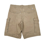 Beige cargo shorts with a visible brand logo on a white background