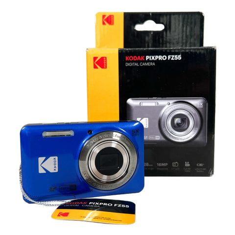Blue Kodak digital camera with packaging on a white background