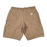 Brown shorts with a visible brand logo on a white background
