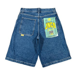 Blue denim shorts with a visible brand label on a white background