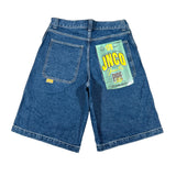 Blue denim shorts with a JNCO label on a white background