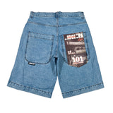 Blue denim shorts with a brand label on a white background