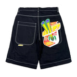 Black shorts with colorful graphic on the back pocket against a white background