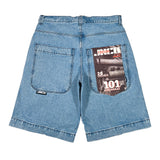 Blue denim shorts with a brand label on the back pocket against a white background