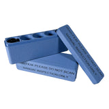 A blue plastic film canister with its lid leaning against the base, photographed on a plain light background. The base and lid are printed with the text '5mm FILM - PLEASE DO NOT SCAN MANUAL INSPECTION ONLY'.