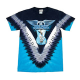 Tie-dye t-shirt with Aerosmith logo and guitar design on a white background