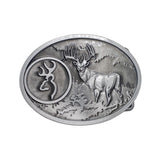An oval silver-toned metal belt buckle featuring a raised deer and a circular buckmark logo, photographed on a white textured background.