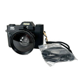 A black 4K camera with a large front lens, shown next to a coiled black cable sealed in a clear plastic bag on a light gray background.