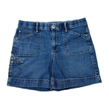 A pair of medium-wash blue denim shorts with front patch pockets and side cargo pockets, laid flat on a white background.