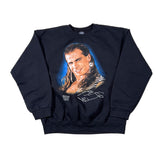 Black sweatshirt with a graphic of a person and a logo on a white background