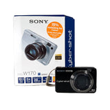 Sony Cyber-shot camera and its packaging on a gray background