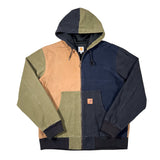 Color-blocked hoodie with navy, brown, and green sections on a white background