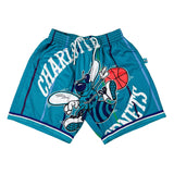 Teal shorts with a cartoon character and 'Charlotte Hornets' text on a white background