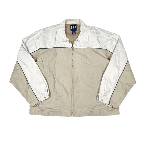 Beige and white jacket with Gap logo on a white background