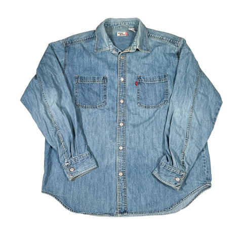 Blue denim shirt with brand logo on a white background