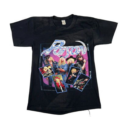 Black t-shirt with colorful graphic design on a white background